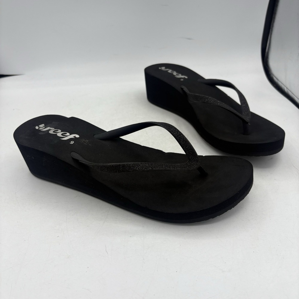 Reef Sandals Womens Size 9 Krystal Star Glitter Black Wedge Flip Flop